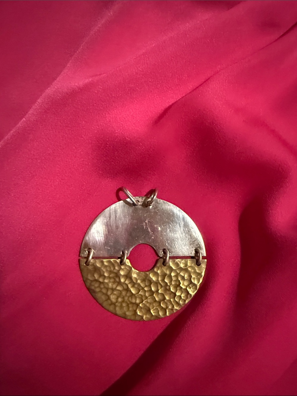 Mexican Sterling Silver and Brass Two-Tone Disc Pendant Necklace